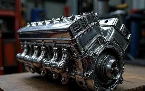 Blocco motore lucidato e forgiato con dettagli visibili